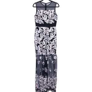 NICOLE MILLER Black & White Falling Flowers Illusion Dress Mesh Inlay Women's 6